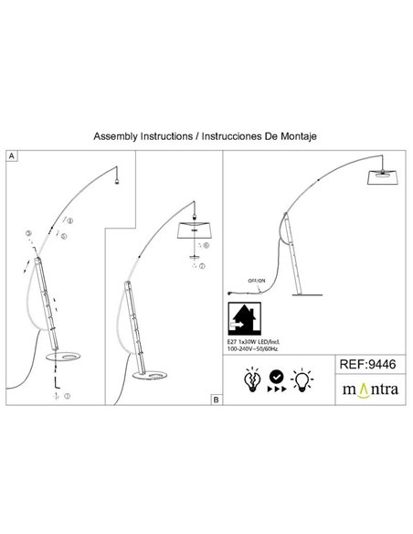 Luminária de chão LED preta RICCA, lâmpada E27 inclusa, 30W CTT 2700-3200-4000K, sem cúpula.