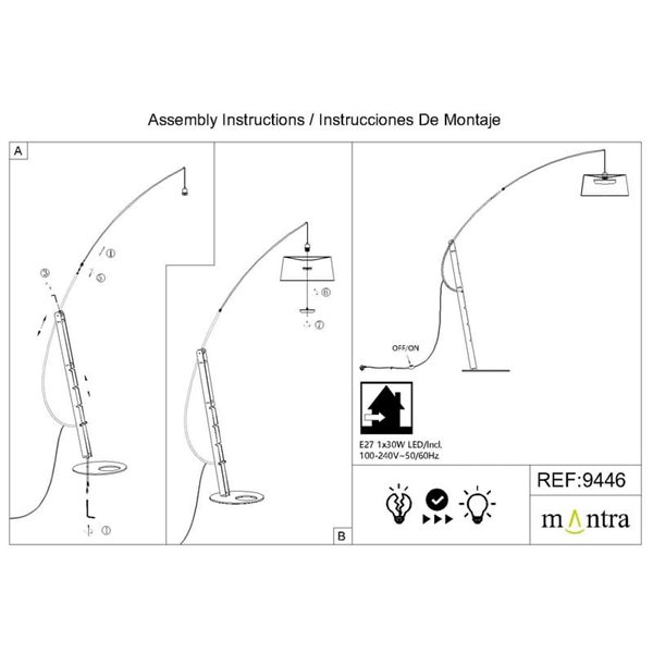 Pie de salón LED RICCA negro, bombilla E27 incluida 30W CTT 2700-3200-4000K, sin pantalla