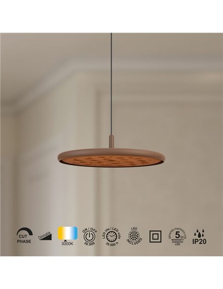 Luminária pendente acústica LED 20W ACUSTIC cor café, painel absorvente, 3000K 2250Lm, dimerizável por TRIAC