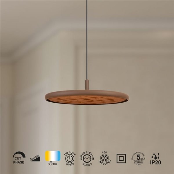Suspension LED acoustique 20W ACUSTIC couleur café, panneau absorbant, 3000K 2250Lm, dimmable TRIAC