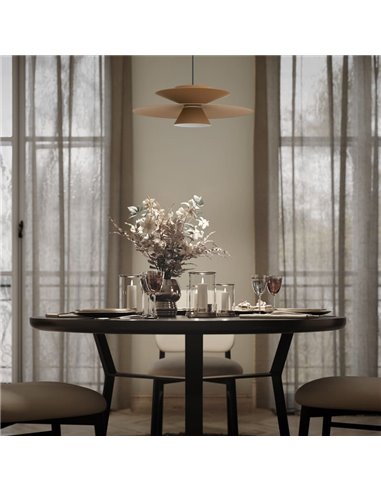 Luminária pendente LED ESTRELLA com disco duplo, acabamento cáqui fosco, 12W, 3000K, 900 lúmens, TRIAC, Ø50cm