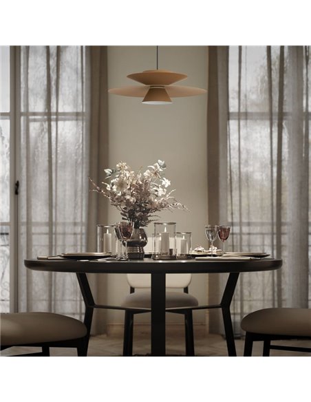 Luminária pendente LED ESTRELLA com disco duplo, acabamento cáqui fosco, 12W, 3000K, 900 lúmens, TRIAC, Ø50cm