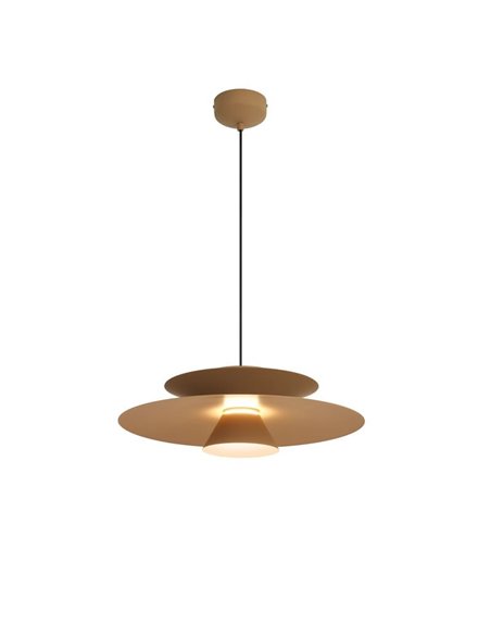 Luminária pendente LED ESTRELLA com disco duplo, acabamento cáqui fosco, 12W, 3000K, 900 lúmens, TRIAC, Ø50cm