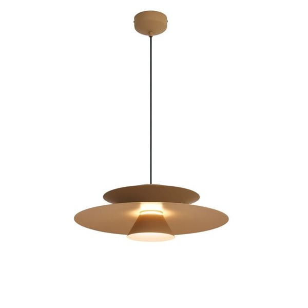 Luminária pendente LED ESTRELLA com disco duplo, acabamento cáqui fosco, 12W, 3000K, 900 lúmens, TRIAC, Ø50cm