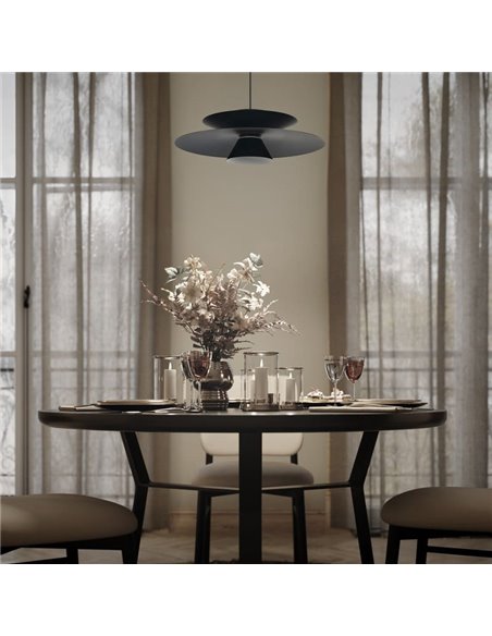 Luminária pendente LED ESTRELLA com disco duplo, preta, 12W, 3000K, 900 lúmens, TRIAC, Ø50cm