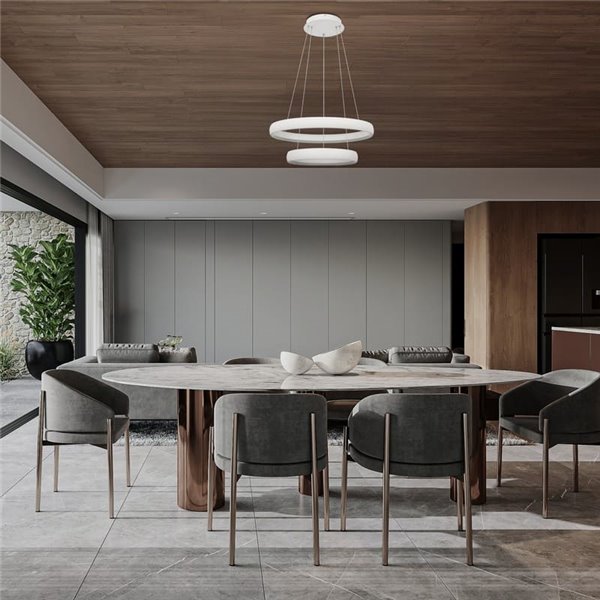 Luminária pendente LED FLATS tamanho médio, 2 anéis brancos, 70W, 3000K, 8800lm, TRIAC, Ø58,7 e Ø39,5cm