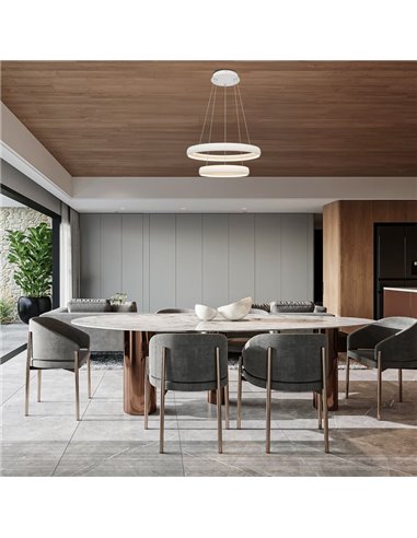 Luminária pendente LED FLATS tamanho médio, 2 anéis brancos, 70W, 3000K, 8800lm, TRIAC, Ø58,7 e Ø39,5cm