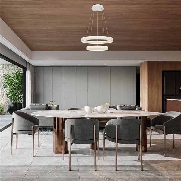 Suspension LED FLATS moyenne, 2 anneaux blancs, 70 W, 3000 K, 8800 lm, TRIAC, Ø 58,7 et Ø 39,5 cm