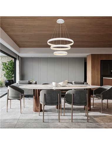 Grande suspension LED plate à 3 anneaux blancs, 122 W, 3 000 K, 15 250 lm, TRIAC, Ø 77,8 × Ø 58,7 × Ø 39,5 cm