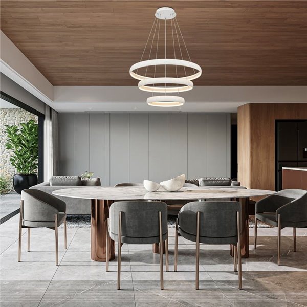 Luminária pendente LED FLATS grande com 3 anéis brancos, 122W, 3000K, 15250lm, TRIAC, Ø77,8 Ø58,7 Ø39,5cm