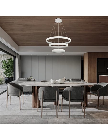 Luminária pendente LED FLATS grande com 3 anéis brancos, 122W, 3000K, 15250lm, TRIAC, Ø77,8 Ø58,7 Ø39,5cm