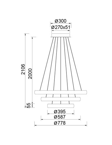 Luminária pendente LED FLATS grande com 3 anéis brancos, 122W, 3000K, 15250lm, TRIAC, Ø77,8 Ø58,7 Ø39,5cm