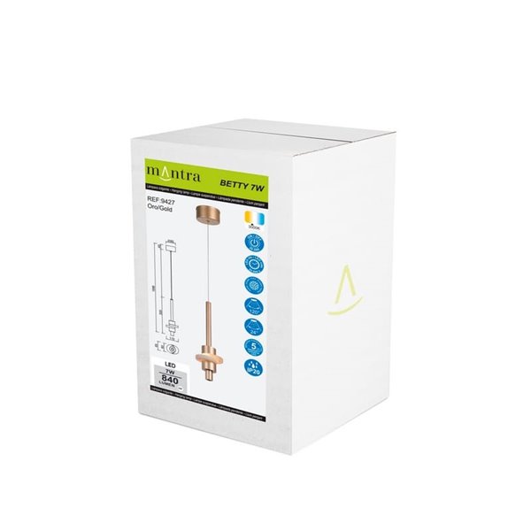 Luminária pendente LED BETTY, dourada, 7W, 3000K, 840lm, com base em alabastro, altura ajustável.