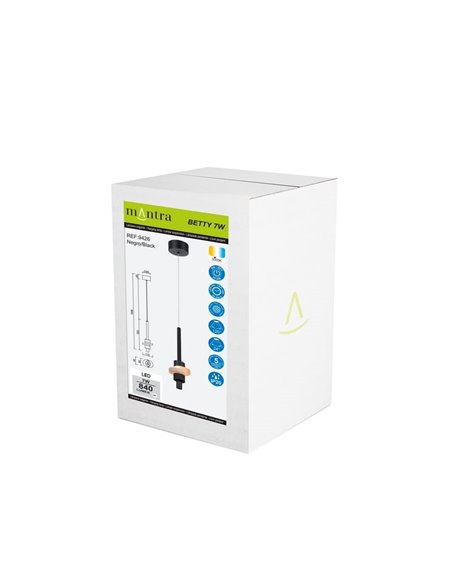 Luminária pendente LED BETTY, preta, 7W, 3000K, 840lm, com acabamento em alabastro, altura ajustável.