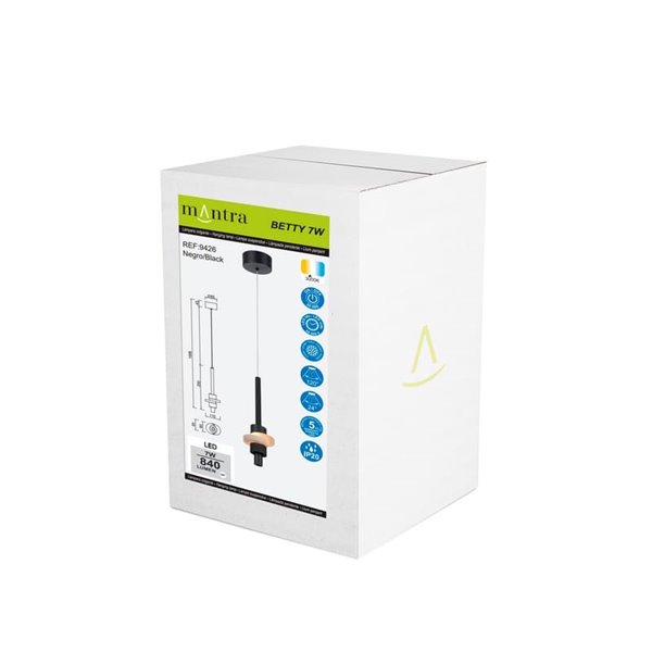 Lámpara colgante LED BETTY negra 7W 3000K 840Lm con alabastro, altura regulable