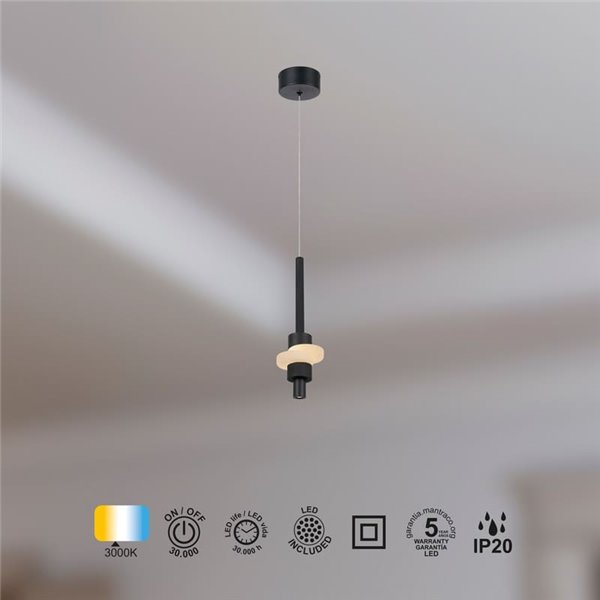 Luminária pendente LED BETTY, preta, 7W, 3000K, 840lm, com acabamento em alabastro, altura ajustável.