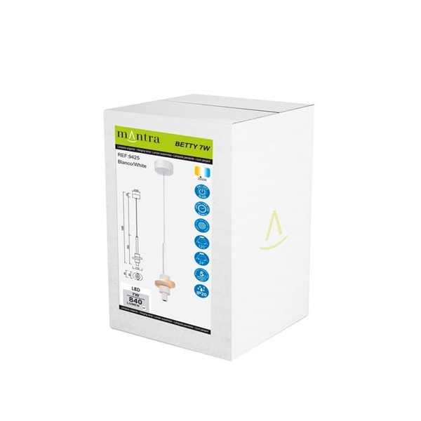 Lámpara colgante LED BETTY blanca 7W 3000K 840Lm con alabastro, altura regulable
