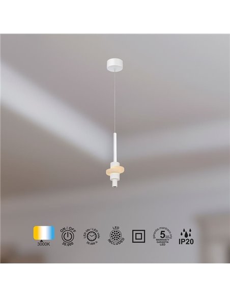 Lámpara colgante LED BETTY blanca 7W 3000K 840Lm con alabastro, altura regulable