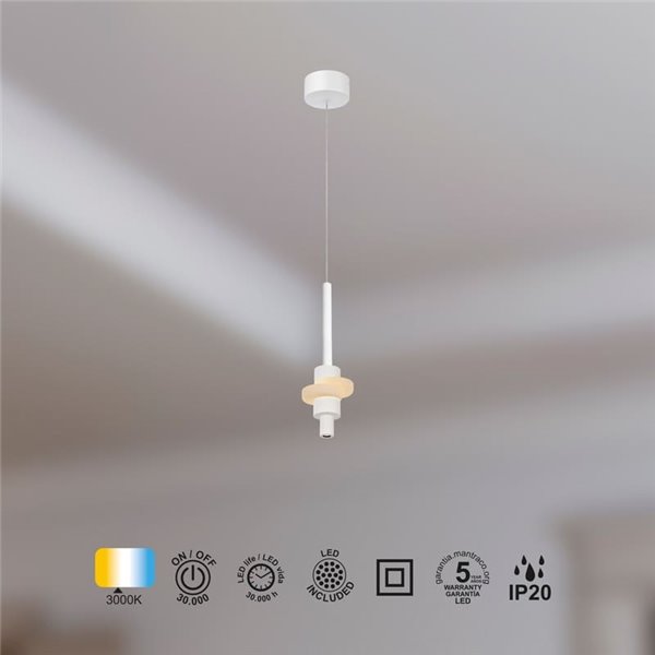 Lámpara colgante LED BETTY blanca 7W 3000K 840Lm con alabastro, altura regulable
