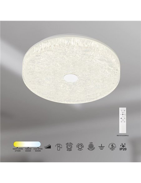 Luminária de teto LED redonda FROZEN, dimerizável, Ø39cm, 45W 5220lm, CTT 2700K-5000K, branca, com controle remoto.