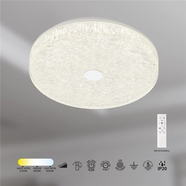 Plafón de techo LED regulable redondo FROZEN Ø39cm, 45W 5220Lm, CTT 2700K-5000K, blanco con mando