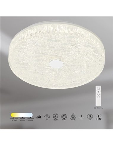 Luminária de teto LED redonda FROZEN, dimerizável, Ø48cm, 45W 5220lm, CTT 2700K-5000K, branca, com controle remoto.
