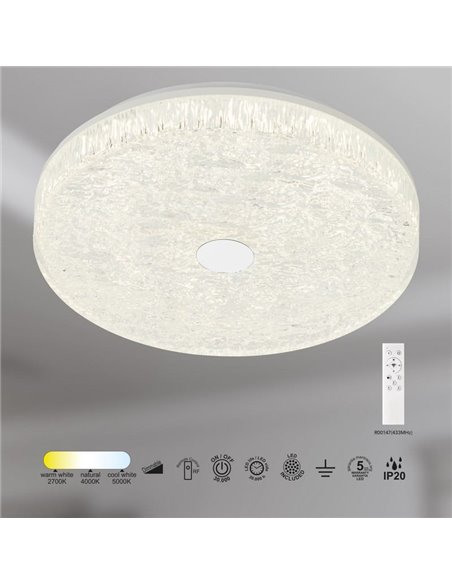 Plafonnier LED rond à intensité variable FROZEN Ø48cm, 45W 5220Lm, CTT 2700K-5000K, blanc avec télécommande