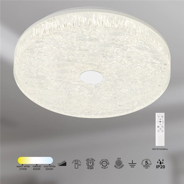 Plafonnier LED rond à intensité variable FROZEN Ø48cm, 45W 5220Lm, CTT 2700K-5000K, blanc avec télécommande