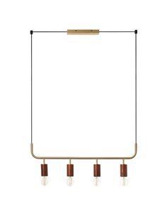 Luminária de teto pendente KOPA com 4 pontos de luz E27, latão fosco e madeira de nogueira.