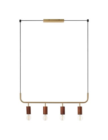 Lámpara de techo colgante con 4 puntos de luz E27 KOPA latón mate y madera nogal 