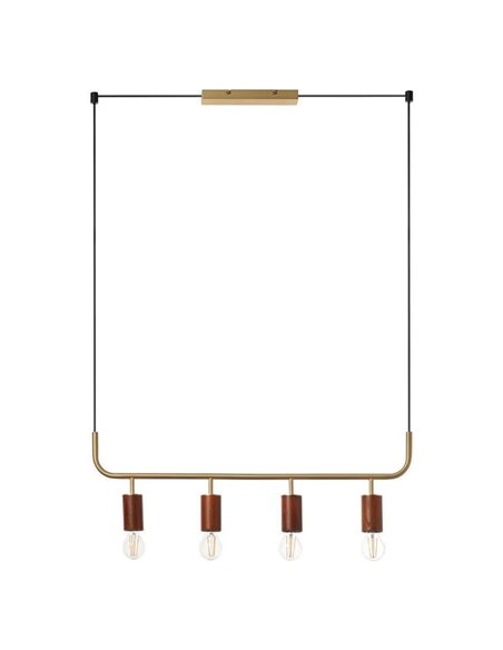 Suspension KOPA avec 4 points lumineux E27, laiton mat et bois de noyer