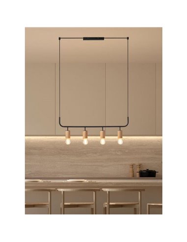 Suspension KOPA avec 4 points lumineux E27, laiton mat et bois de noyer