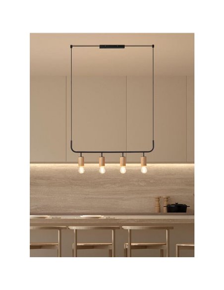 Suspension KOPA avec 4 points lumineux E27, laiton mat et bois de noyer