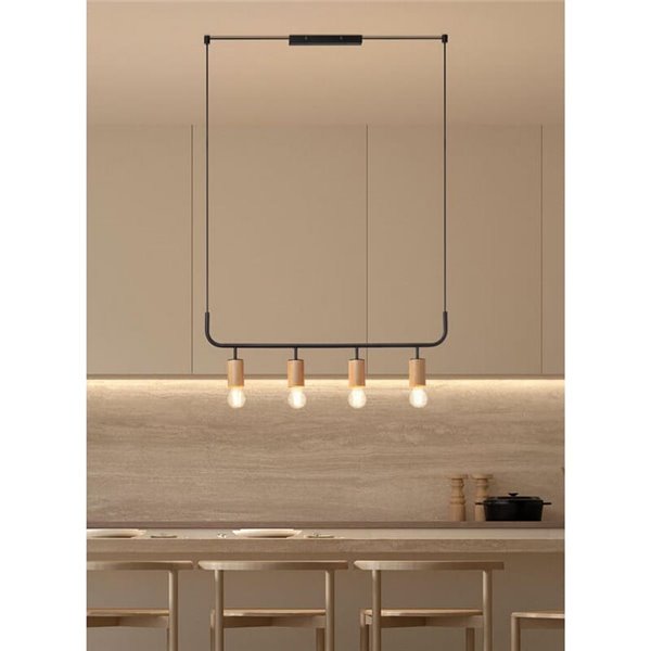 Luminária de teto pendente KOPA com 4 pontos de luz E27, latão fosco e madeira de nogueira.