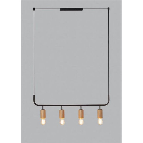 Luminária de teto pendente KOPA em preto fosco e madeira natural com 4 soquetes E27.