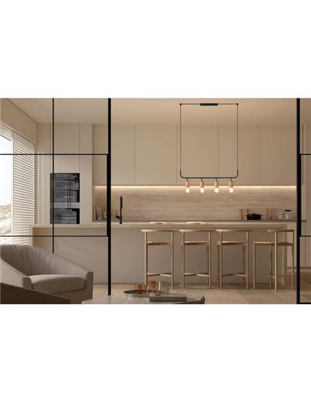 Luminária de teto pendente KOPA em preto fosco e madeira natural com 4 soquetes E27.