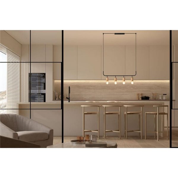 Luminária de teto pendente KOPA em preto fosco e madeira natural com 4 soquetes E27.