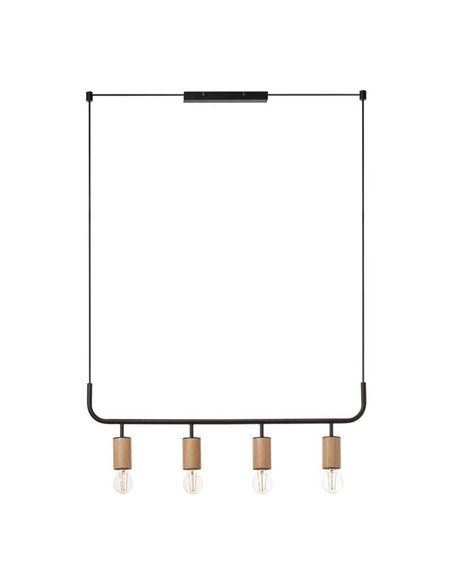 Luminária de teto pendente KOPA em preto fosco e madeira natural com 4 soquetes E27.