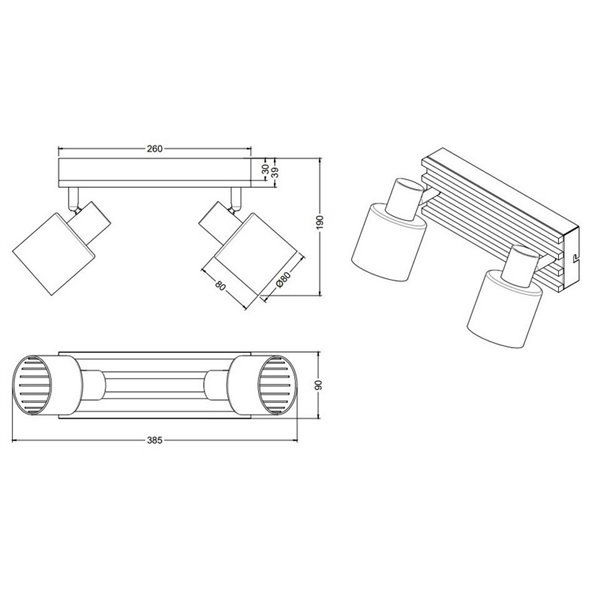 Plafonnier TRAVIA avec 2 spots, abat-jour fumés, sans douille E14, puissance max. 40 W, IP20
