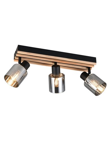 Réglette de plafond TRAVIA à 3 spots, bois et métal, sans 3 ampoules E14, 40 W max., IP20