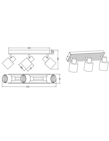 Regleta de techo 3 focos TRAVIA, madera y metal, excl. 3xE14 max. 40W IP20