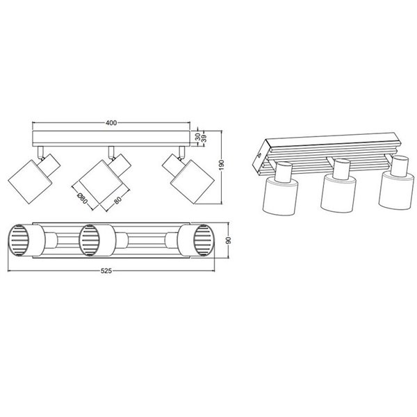 Réglette de plafond TRAVIA à 3 spots, bois et métal, sans 3 ampoules E14, 40 W max., IP20