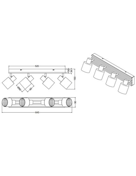 Réglette de plafond TRAVIA à 4 spots, abat-jour fumés, sans 4 ampoules E14, puissance max. 40 W, IP20