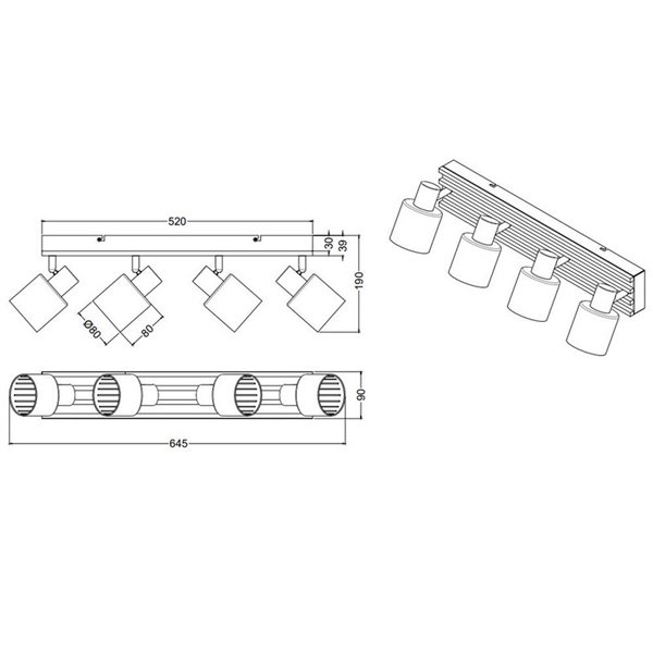 Regleta de techo 4 focos TRAVIA, pantallas ahumadas, excl. 4xE14 max. 40W IP20