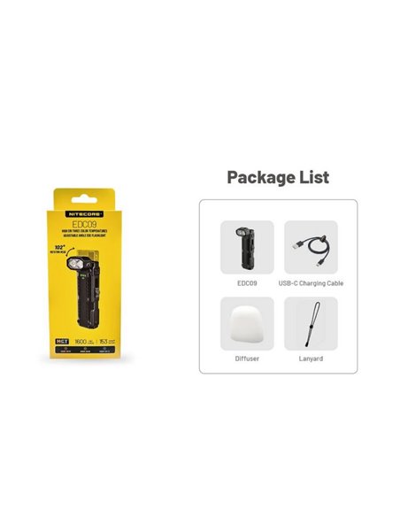 Lampe torche LED EDC09 avec tête rotative, 1600 lm, portée de 153 m, IRC élevé et triple température de couleur, USB-C