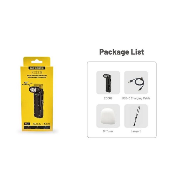 Lanterna LED EDC09 com cabeça giratória, 1600 lúmens, alcance de 153 m, alto IRC e temperatura de cor tripla, USB-C