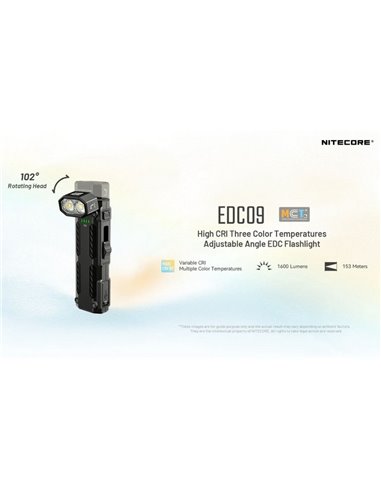 Lampe torche LED EDC09 avec tête rotative, 1600 lm, portée de 153 m, IRC élevé et triple température de couleur, USB-C