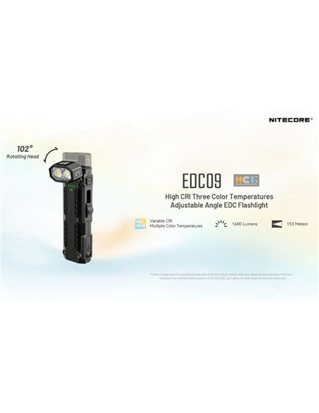 Linterna LED EDC09 cabezal rotable, 1600lm 153m alcance, alto CRI y triple temperatura de color USB-C