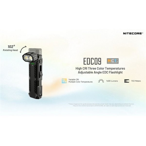 Linterna LED EDC09 cabezal rotable, 1600lm 153m alcance, alto CRI y triple temperatura de color USB-C