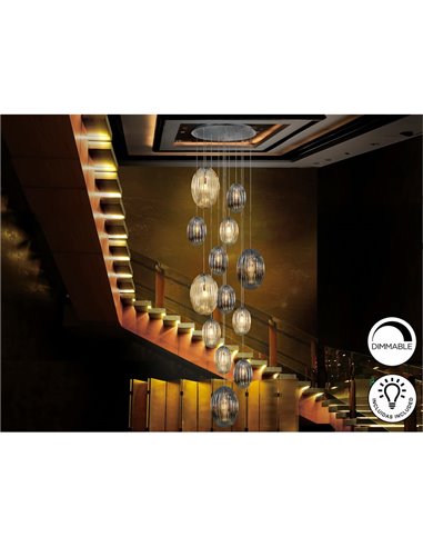Suspension OVILA avec 13 lumières LED, 8W, 11310 lm, abat-jour en verre cognac/fumé, dimmable, IP20, chromée.